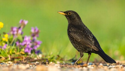 Blackbird foraging near wildflowers