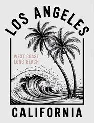 This artistic depiction showcases the iconic palm trees of Los Angeles with waves, offering a glimpse into California's vibrant coastal lifestyle and scenery.