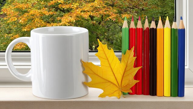 White mug, autumn leaf, colored pencils on windowsill