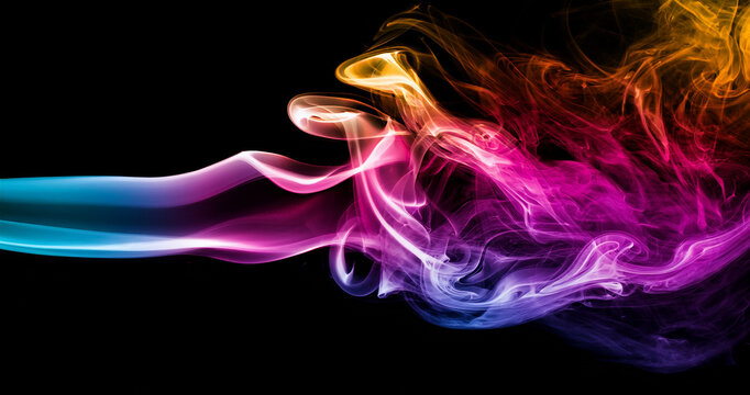 Abstract colored puffs of smoke swirls overlay on black background. Royalty high-quality free stock photo image of abstract colorful smoke overlays on dark background. Multicolor smoke swirl fragments