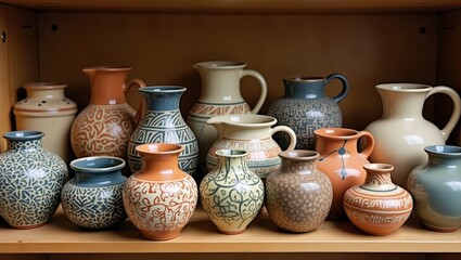 A collection of decorative ceramic pots and jugs, showcasing various shapes and intricate designs in warm earthy tones and muted blues.