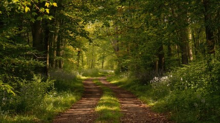 Obraz premium A sun-drenched woodland path winds through a dense canopy of lush green trees, dappled sunlight filtering down onto the earthy trail.