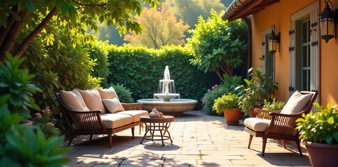 A vibrant, sun-drenched patio scene featuring comfortable furniture, lush plants, and a tranquil fountain, suggesting relaxation and contentment in retirement , joyful, retirement plan, patio