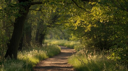 Obraz premium A sunlit pathway winds through a verdant forest, dappled with sunlight and bordered by tall grasses.