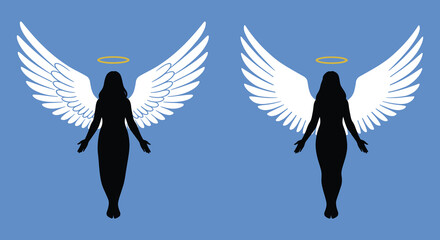 two angel silhouettes with wings and halos against blue sky