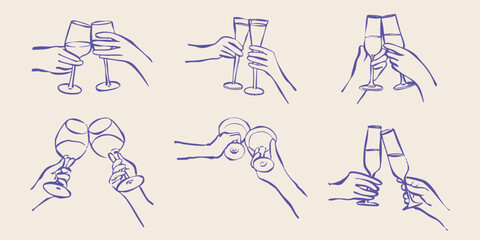 hands toasting with wine and champagne glasses in cheers gesture for celebration, beverages party, social gathering, anniversary or holiday moment. Vector doodle hand drawn illustration
