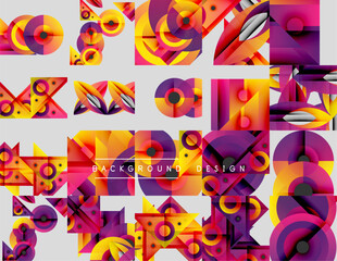 Abstract geometric patterns, vibrant colors, overlapping shapes. Modern design elements create dynamic visual texture.