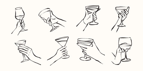 Hands holding wine and cocktail glasses from various angles in elegant line art style, ideal for beverages party, lifestyle decor, bar menus and creative event design. Doodle hand drawn illustration