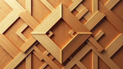 Intricate geometric pattern of light brown wooden slats forming overlapping squares and rectangles, creating a textured, ornate surface