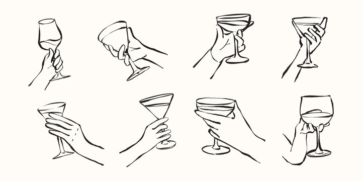 Hands holding wine and cocktail glasses from various angles in elegant line art style, ideal for beverages party, lifestyle decor, bar menus and creative event design. Doodle hand drawn illustration