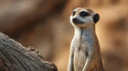 Fototapeta premium Alert meerkat standing upright on a rock, attentively watching for potential danger in the distance