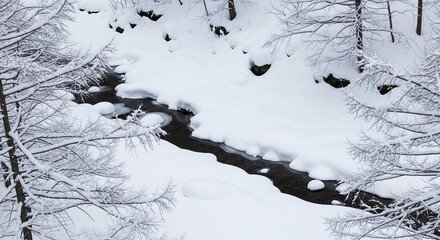 Winter river flowing through a snowy forest seen from above