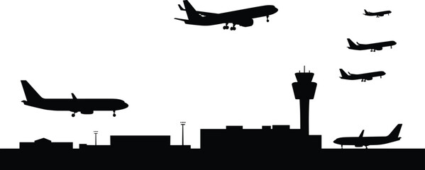 Airport silhouette with airplanes flying, air traffic control tower, landing and taking off planes, aviation, travel, airport terminal, black vector illustration