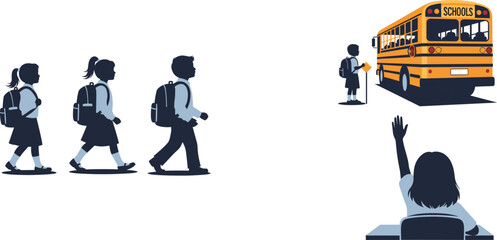 Children walking to school, school bus stop scene with kids waiting, student raising hand in classroom, back to school education concept
