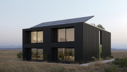 Fototapeta premium Black modern box house with solar panels in an open field