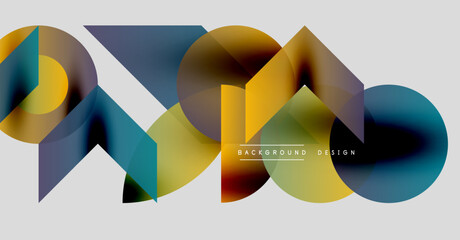 Abstract geometric shapes overlap, creating vibrant color gradients. Modern design elements suggest dynamic composition, smooth transitions.