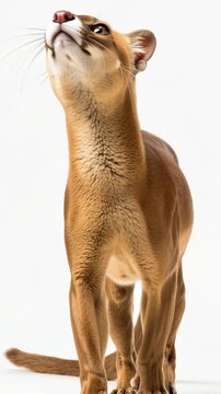 A close-up of a brown bush dog, showcasing its sleek fur and sharp features. The animal stands confidently, with a focused expression and alert posture.