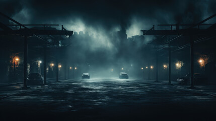 Dark, foggy urban parking lot at night with illuminated streetlights, parked luxury cars, ominous clouds, and an industrial skyline in the background creating a mysterious and moody atmosphere