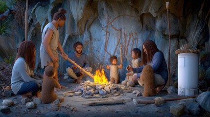 Early Homo sapiens family around fire making stone tools and painting cave walls showing natural prehistoric lifestyle.