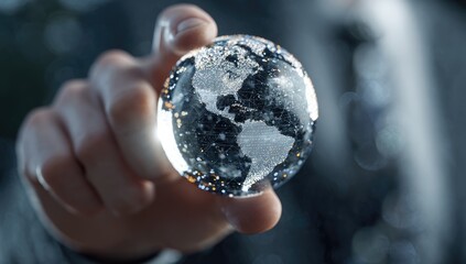 A hand holds a clear globe, continents visible through