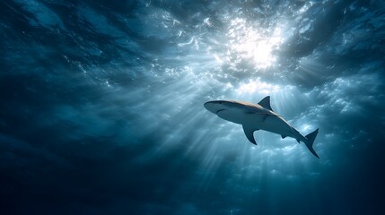 Fototapeta premium Great white shark swimming in the deep blue ocean, with sunlight filtering through the water