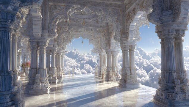 A serene, ornate temple floating in the clouds