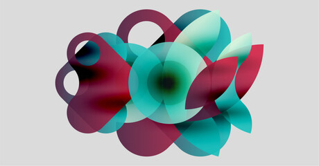 Abstract shapes overlap, creating vibrant color blends. Red, teal hues dominate neutral background. Fluid forms suggest movement, energy.