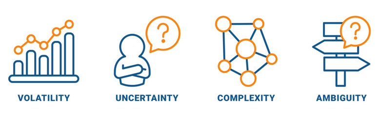 VUCA icon set vector concept with icon of volatility, uncertainty, complexity, ambiguity 