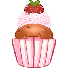 Watercolor cute strawberry cupcake illustration