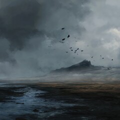 Misty, somber landscape with birds