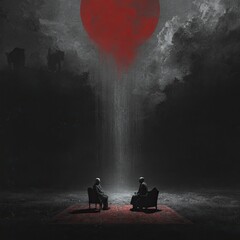 Two figures sit on chairs, facing each other on a red carpet, under a dramatic red sun and stormy sky