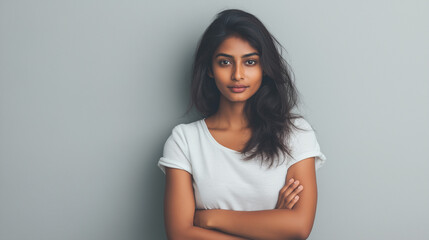 Portrait of a woman with dark hair and a white shirt posing with her arms crossed on a gray background