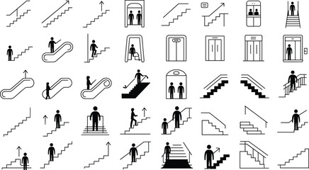 Stairs escalator elevator icons, people climbing stairs, walking up escalator, elevator doors, upward movement symbols, vector design, building access signs