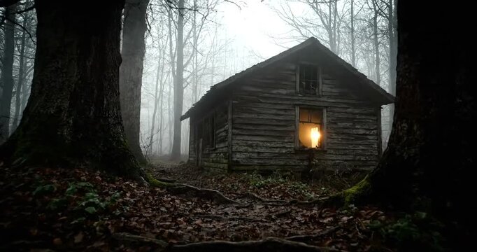 A rustic, weathered wooden cabin sits nestled in a dark, misty forest with a warm light emanating from its window.