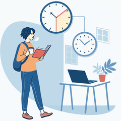 Vector art of student taking a break, reading a book, and drinking coffee, with clocks showing different times