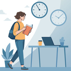 Vector art of a student is reading a book at a desk with a laptop, a cup of coffee, and two clocks on the wall, illustrating a study or work environment
