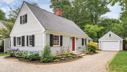 Classic white siding house with a red door and detached garage