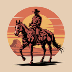 A cowboy rides his horse confidently through an expansive desert landscape, showcasing the rugged beauty and adventurous spirit of the American West.