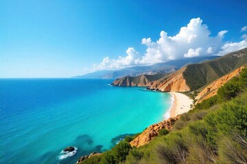 Obraz premium Azure sky stretches over a picturesque Riviera coastline, sun-drenched hillsides and calm turquoise sea creating a breathtaking panorama of idyllic coastal beauty , relaxation, vibrant