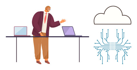 Man in business attire presenting technology concepts with laptops, cloud storage icon, and circuit board design. Ideal for tech innovation, data management, cloud computing, collaboration