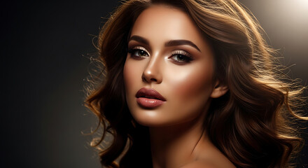 Fototapeta premium A glamorous portrait of a young woman with voluminous, wavy brown hair and expertly applied makeup, showcasing her radiant skin and captivating gaze against ...