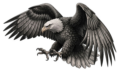 Obraz premium Detailed illustration of a majestic bald eagle in powerful flight, its large wings spread wide and talons extended.
