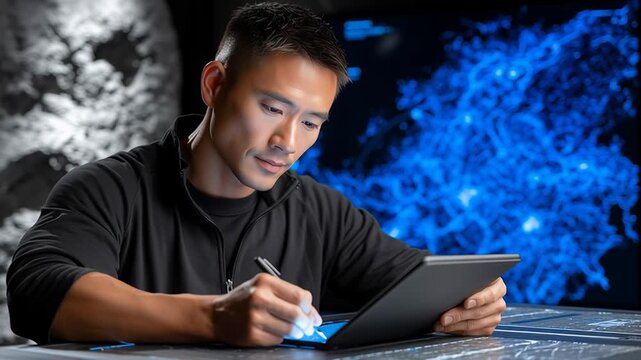 Asian man in uniform using digital pen to interact with holographic map displayed on tablet, developing strategy in high tech military control center