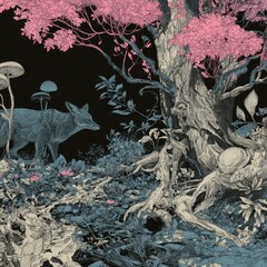 Fox under a pink tree, dark forest scene