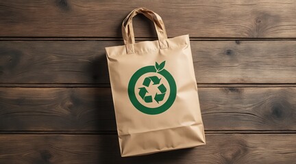 Brown paper shopping bag with green recycling symbol on wooden background