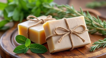 Two bars of natural handmade soap tied with twine and decorated with fresh herbs
