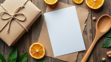 Rustic gift box with oranges and wooden spoon on table