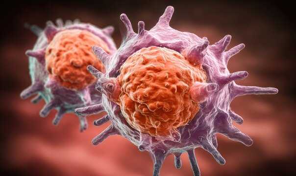 Close-up of two cells, vibrant orange-pink hues, complex structures