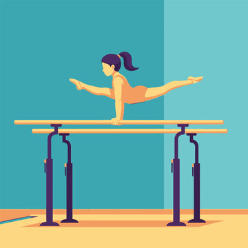 Gymnast performing a split on parallel bars in a stylized, flat illustration with teal and beige colors.