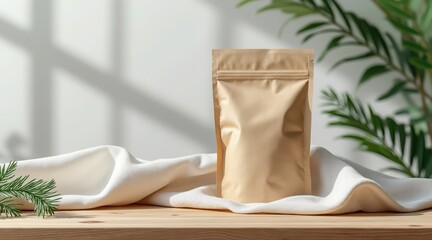 Blank kraft paper pouch packaging on a wooden surface with greenery